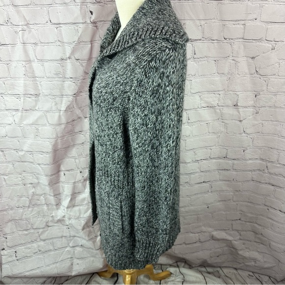 Talbots Charcoal tweed Button-Up Cardigan sweater sz L wool blend cowl neck - Picture 2 of 8